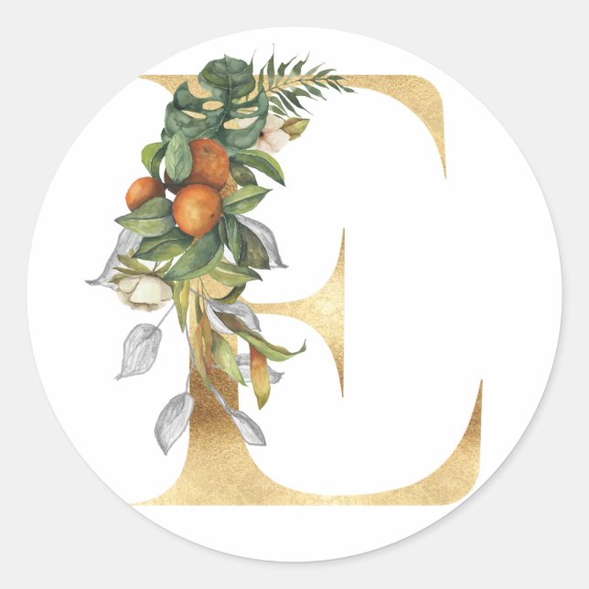 Floral Monogramm in Gold Klassischer Rundsticker Runder Aufkleber (Vorderseite)