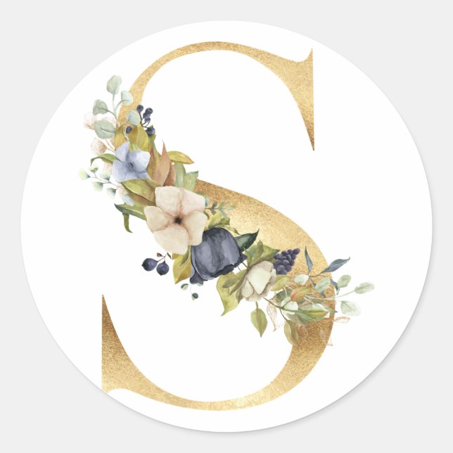 Floral Monogramm in Gold Klassischer Rundsticker Runder Aufkleber (Vorderseite)