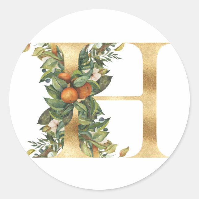 Floral Monogramm in Gold Klassischer Rundsticker Runder Aufkleber (Vorderseite)