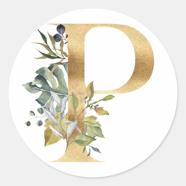 Floral Monogramm in Gold Klassischer Rundsticker Runder Aufkleber (Vorderseite)