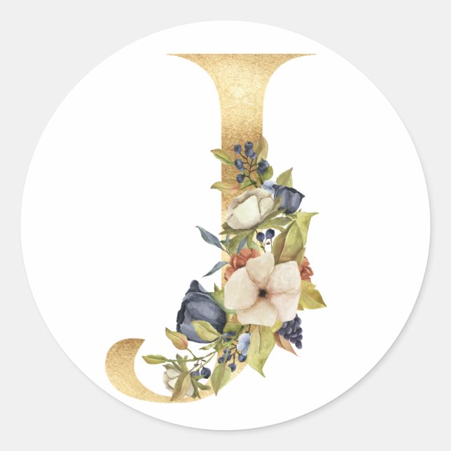 Floral Monogramm in Gold Klassischer Rundsticker Runder Aufkleber (Vorderseite)