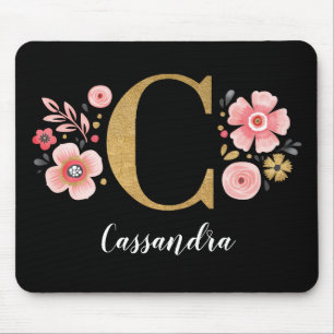 Floral Monogramm Initial Pink Black Letter C Mousepad