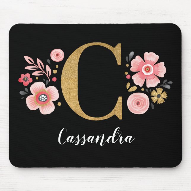 Floral Monogramm Initial Pink Black Letter C Mousepad (Vorne)