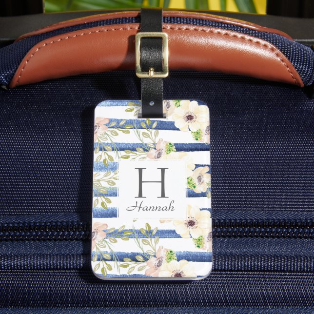 Floral Monogramm Personalisierte Streifen Gepäckanhänger (Vorderseite Insitu 2)
