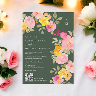 Floral Monogramm Qr Code Foto Grüne Hochzeit Einladung
