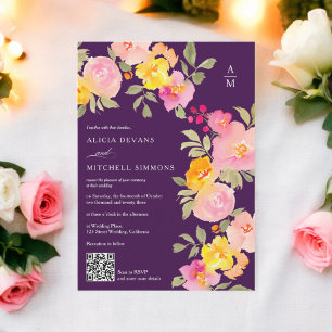 Floral Monogramm Qr Code Foto lila Hochzeit Einladung