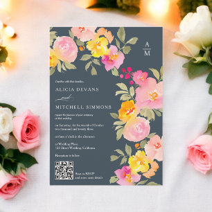 Floral Monogramm Qr Foto grau Hochzeit Einladung