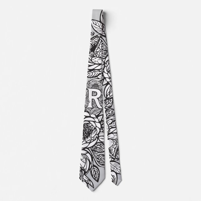 Floral Monogramm "R" Schwarz-Weiß-Tattoo-Blume Krawatte (Vorderseite)