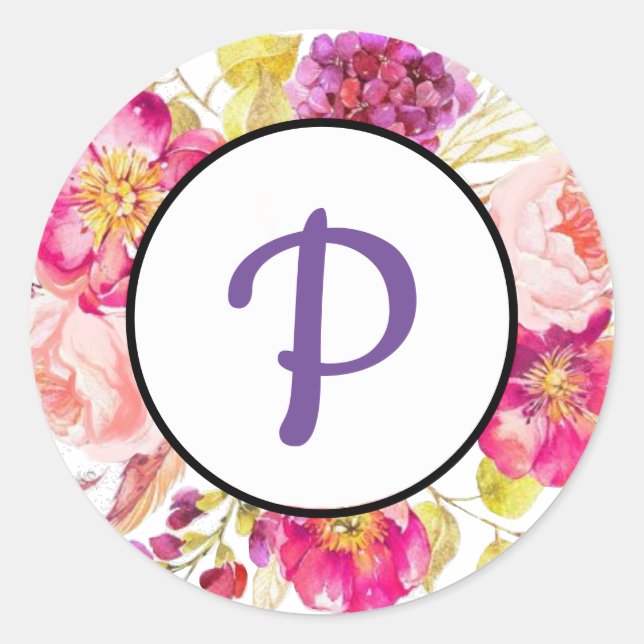 Floral Monogramm Runder Aufkleber (Vorderseite)