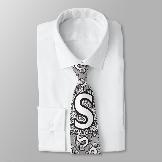 Floral Monogramm "S" Schwarz-Weiß-Tattoo-Blume Krawatte (Gebunden)