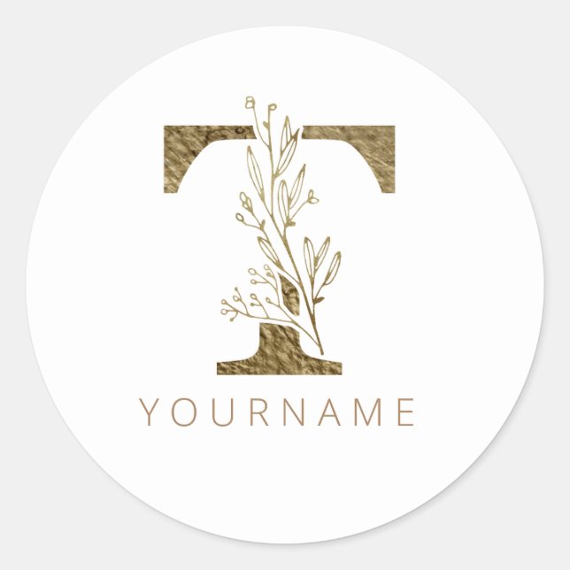 Floral Monogramm T Elegantes Gold Foliage Runder Aufkleber (Vorderseite)