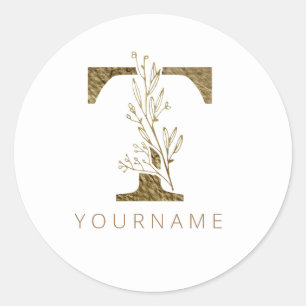 Floral Monogramm T Elegantes Gold Foliage Runder Aufkleber