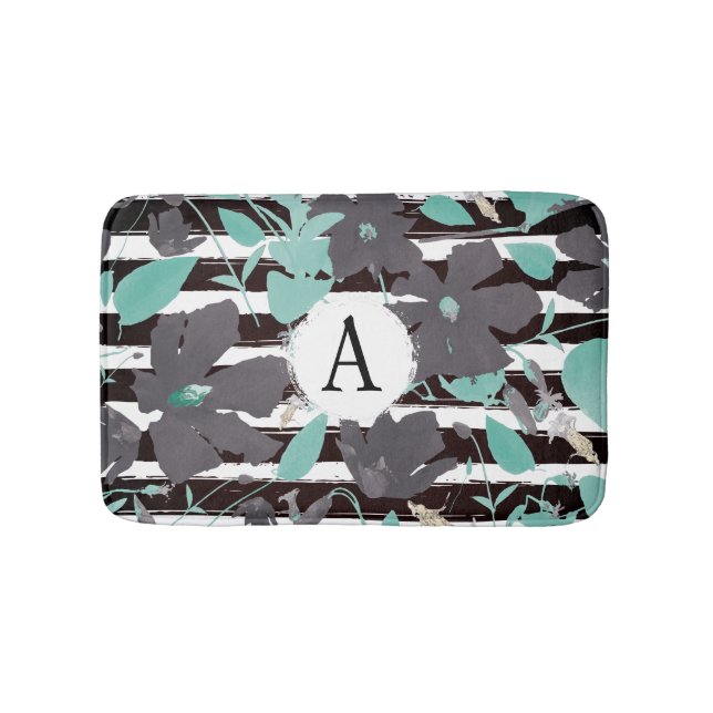 Floral Monogrammatikales Gray Mint Stripe Muster Badematte (Vorderseite)