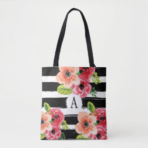 Floral Monogramme noir blanc rayures SAC FOURRE-