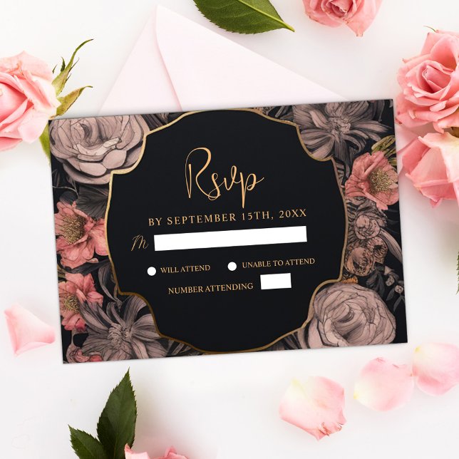Floral Moody Dark Skull Black Gothic Wedding RSVP Karte (Floral Moody Dark Skull Black Gothic Wedding RSVP Card)