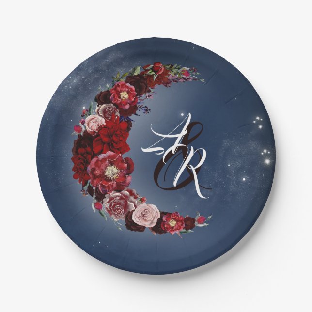Floral Moon | Hochzeit von Marine und Burgund Pappteller (Vorderseite)