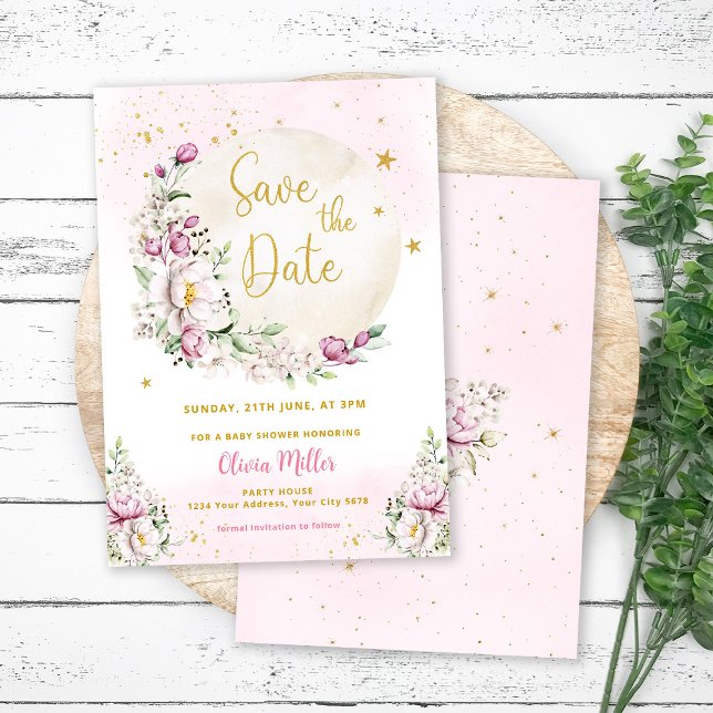 Floral Moon Pink Babydusche Save the Date Karte (Von Creator hochgeladen)