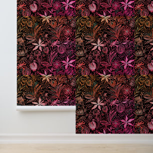 Floral Muster Retro Schwarz Pink Tapete