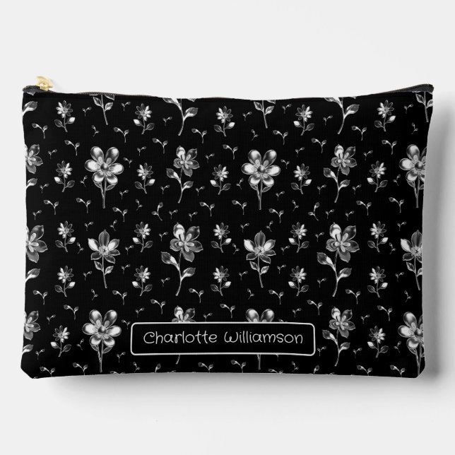 Floral Muster Schwarz-Silbernamensack Kosmetiktüte Zubehörtasche (Vorderseite)