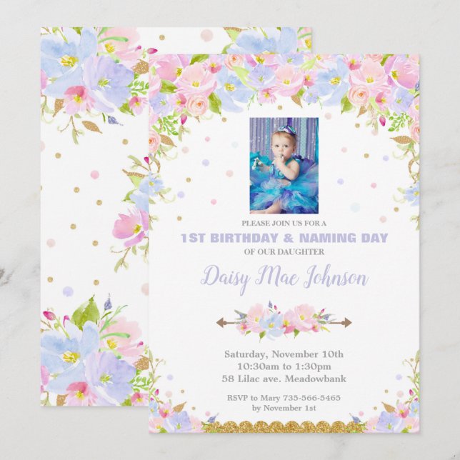 Floral Naming Day et 1er anniversaire Invitation G (Devant / Derrière)