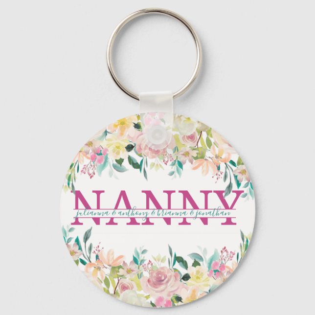 Floral Nanny spaltete Monogramm mit Enkelnamen Schlüsselanhänger (Vorderseite)