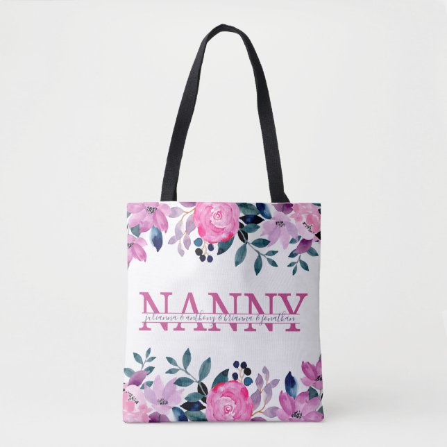 Floral Nanny spaltete Monogramm mit Enkelnamen Tasche (Vorderseite)