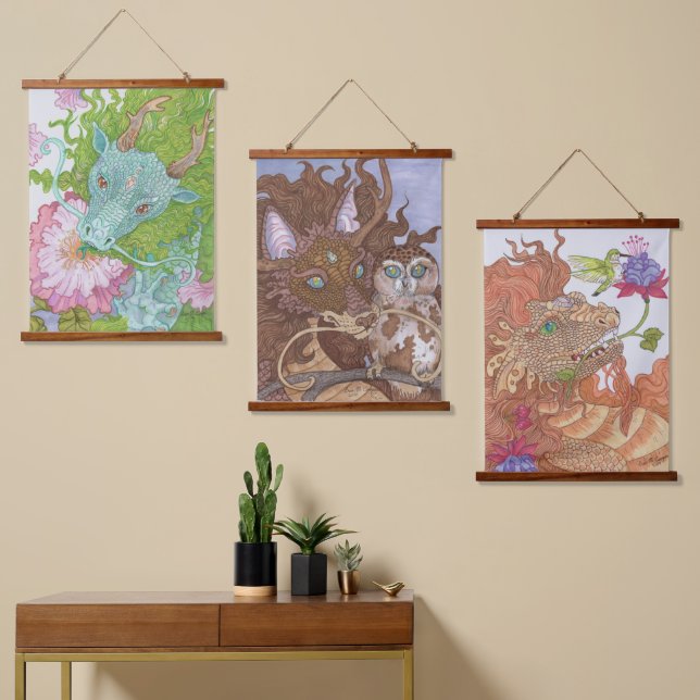 Floral Nature Dragon Triptych Wandteppich Mit Holzrahmen (Asymmetrisch)