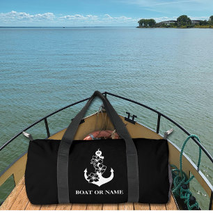 Floral Nautical Anchor Custom Boat Name Black Duffle Bag