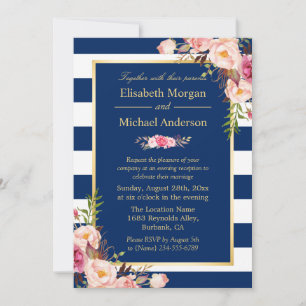 Floral Navy Blue Color Mariage Soirée Invitation