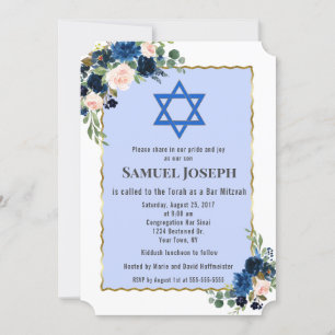Floral Navy Blue Gold Star von David Bar Mitzvah Einladung