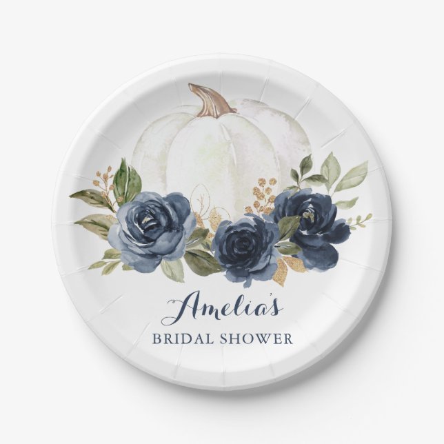 Floral Navy Blue Pumpkin Brautparty Fall Pappteller (Vorderseite)
