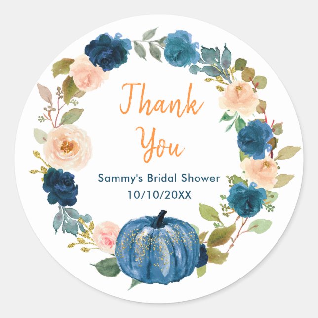 Floral Navy Blue Pumpkin Brautparty Vielen Dank Runder Aufkleber (Vorderseite)