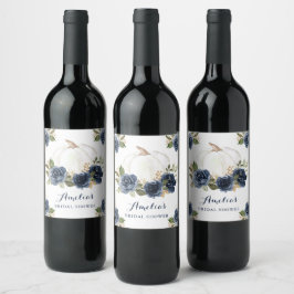 Floral Navy Blue Pumpkin Fall Brautparty Weinetikett