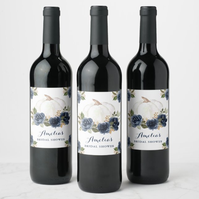 Floral Navy Blue Pumpkin Fall Brautparty Weinetikett (Flaschen)