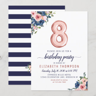 Floral Navy Blush Rose Gold Ballon 8. Geburtstag Einladung