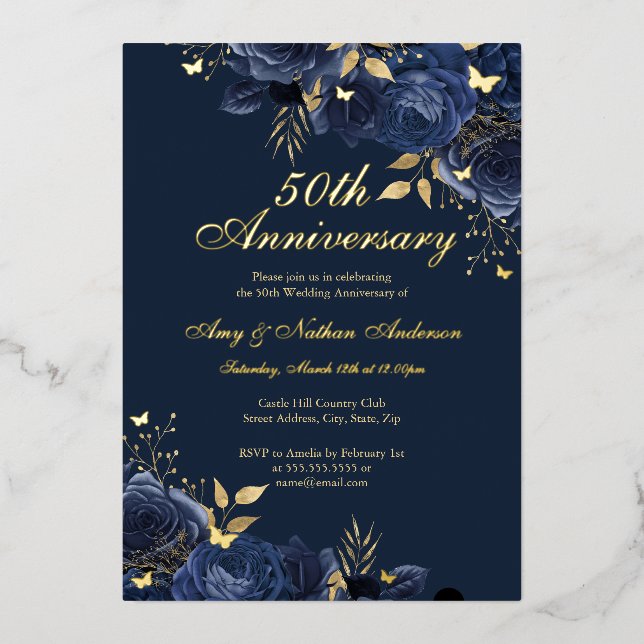 Floral Navy Gold 50. Hochzeitstag Folieneinladung (Vorderseite)