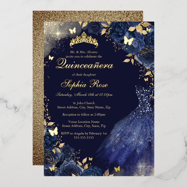 Floral Navy Gold Schmetterlingskleid Quinceanera Folieneinladung (Vorderseite/Rückseite)