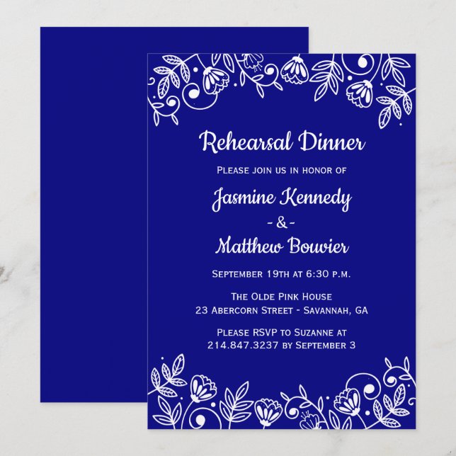 Floral Navy Probe Dinner Hochzeit Blumen Blau Einladung (Vorne/Hinten)