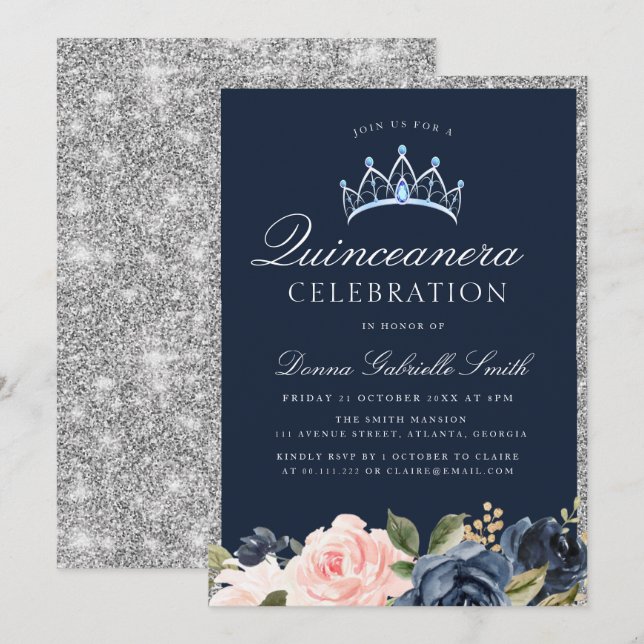 Floral Navy und Silber quinceanera Einladung (Vorne/Hinten)