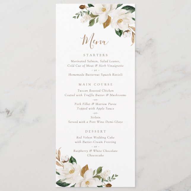 Floral Neutral White Magnolia Beige Elegante Moder Menükarte (Vorderseite)