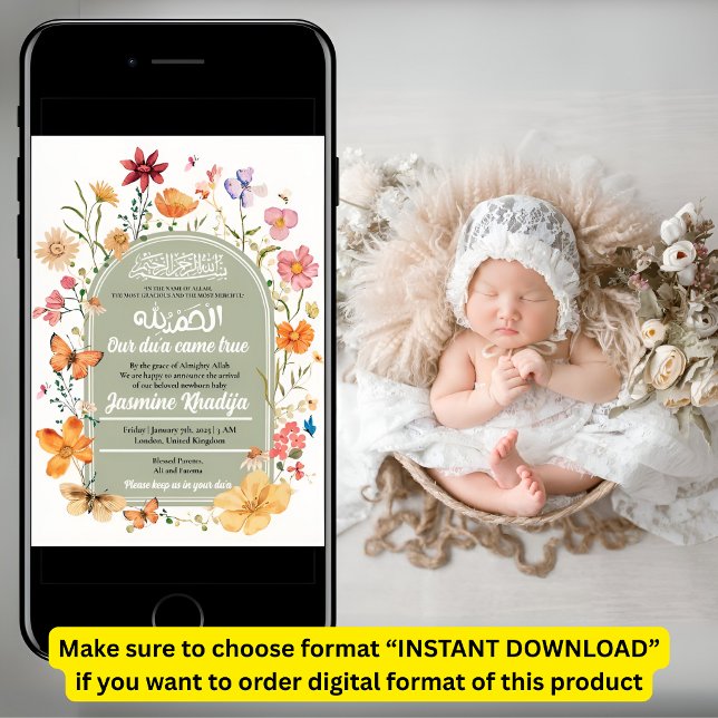Floral Newborn Baby Muslim Geburtsankündigung Einladung (Von Creator hochgeladen)