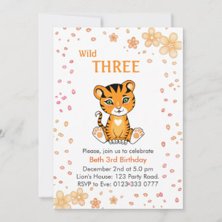 Floral Niedlich Wild Three Tiger 3. Geburtstag Einladung