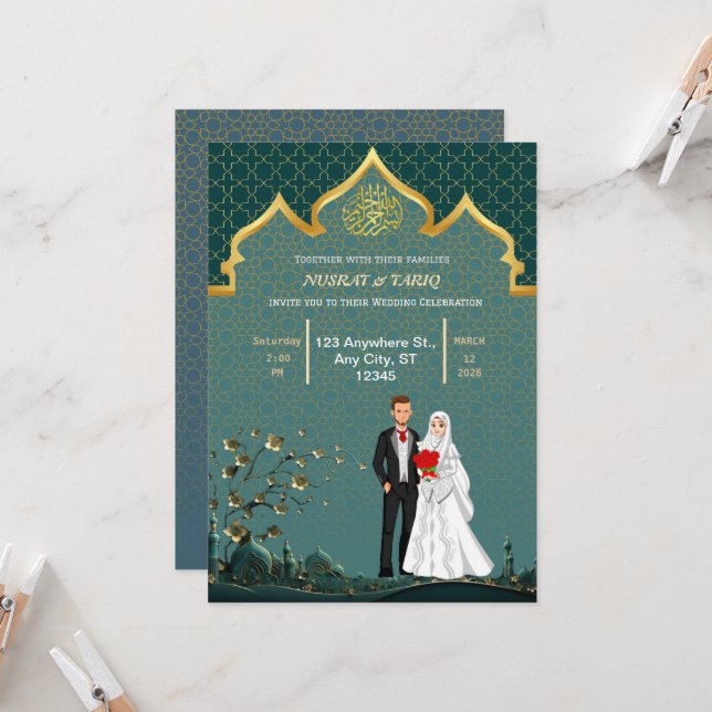 Floral Nikah Islamische Hochzeitseinladung Einladung (Vorderseite/Rückseite Beispiel)