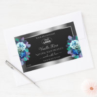Floral Noir Argent Étiquette Logo Roses Turquoises
