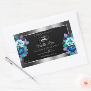 Floral Noir Argent Étiquette Logo Roses Turquoises