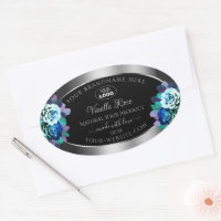 Floral Noir Argent Étiquette Logo Roses Turquoises