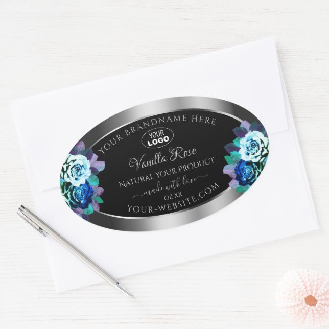 Floral Noir Argent Étiquette Logo Roses Turquoises (Enveloppe)