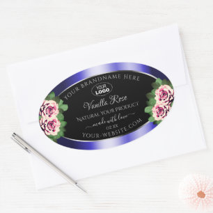 Floral noir bleu Étiquette rose roses Logo