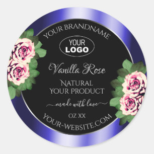 Floral noir bleu Étiquette rose roses Logo