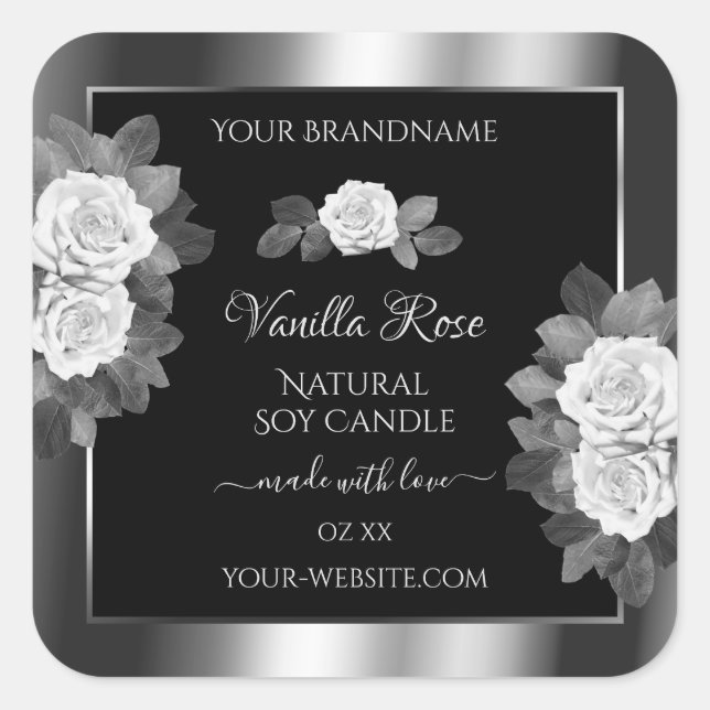 Floral Noir et Argent Étiquettes Roses blanches (Devant)